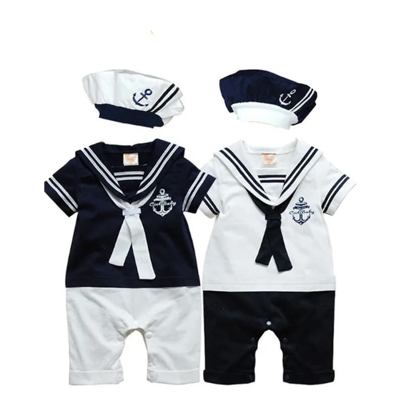 Barboteuse d'été pour bébés garçons et filles, combinaison de marin, chapeau, 2 pièces, Body manches