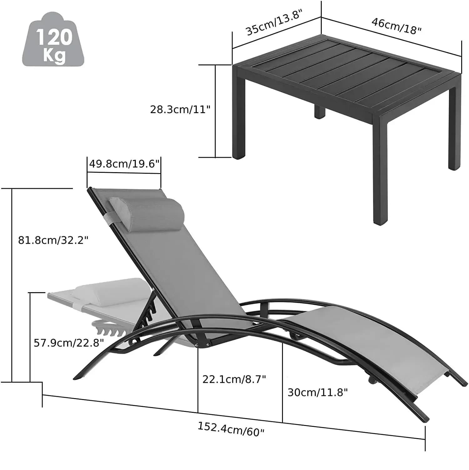 Chaise longue en aluminium pour l'extérieur, 5 positions réglables, table, piscine, jardin, plage, c