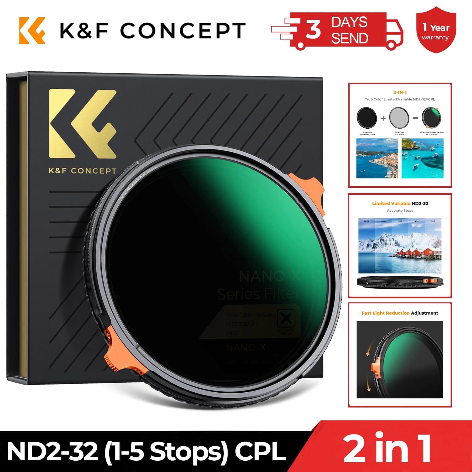 Filtre polarisant circulaire VND Variable ND2-32 et CPL 2-en-1 K&F CONCEPT 49-82mm True Color pour o