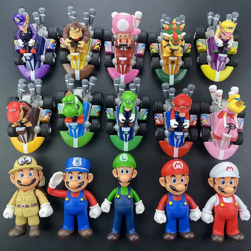Super Mario Bros Karting Luigi Bowser Princess Peach Yoshi Toad Action Figure Toys, Rib Back Car, An