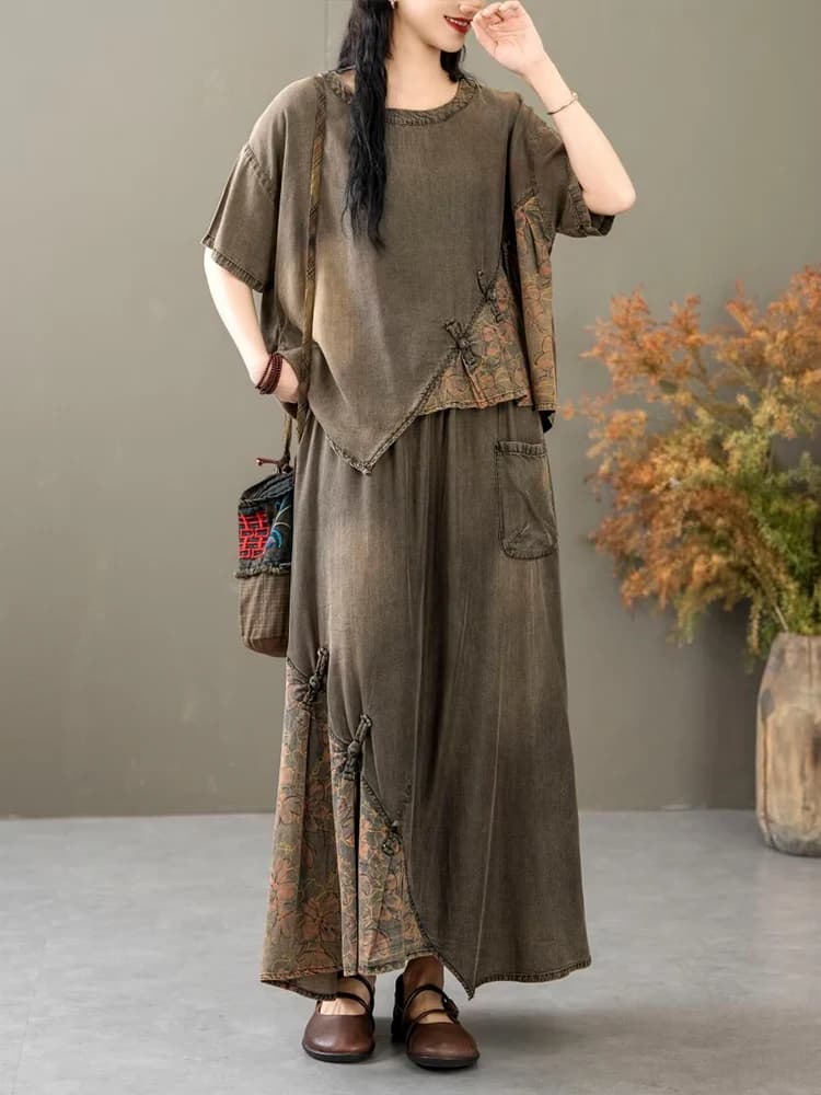 AmaxluluE 2025 costumes d'été femmes chinois 2 pièces ensembles décontracté imprimé Denim tenues de 