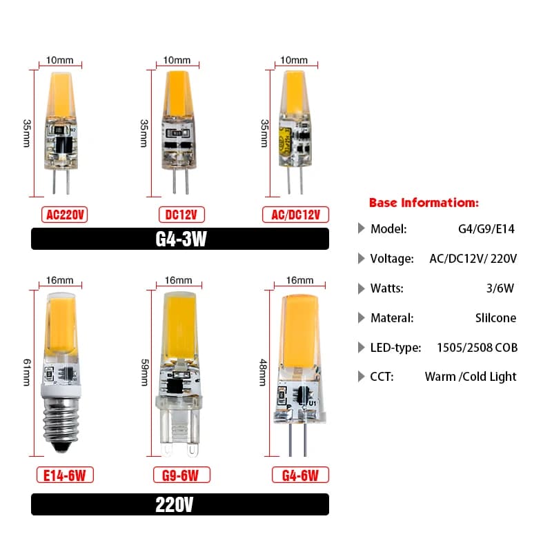 G4 LED COB lampe G9 3W 6W COB LED ampoule E14 Dimmable AC/DC 12V 220V Lampada remplacer halogène lum