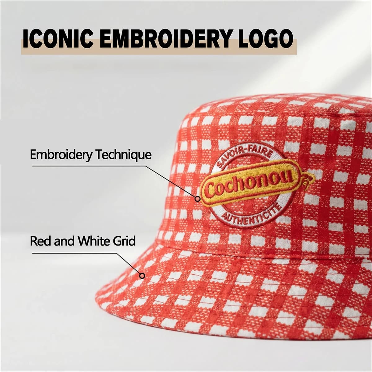 Nouveau COCHONOU chapeau seau avec Logo brodé, Polyester à carreaux rouge, chapeau de soleil d'extér