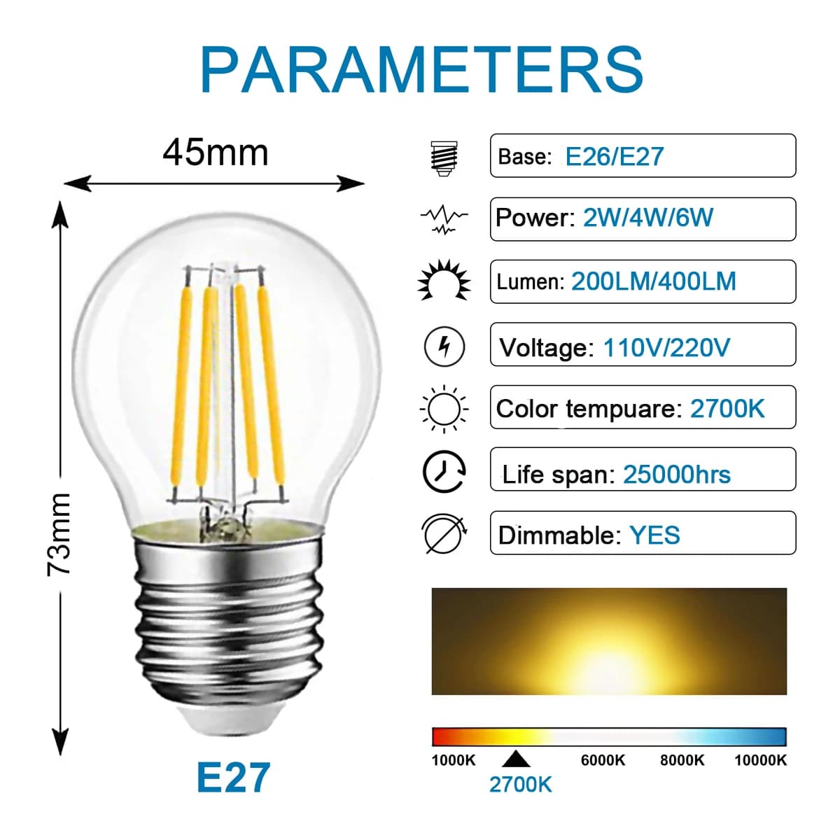 Ampoule LED Globe Rétro Edison G45 2W 4W 6W E27 2700K 6000K, Ampoule à Filament LED 110V pour Décora