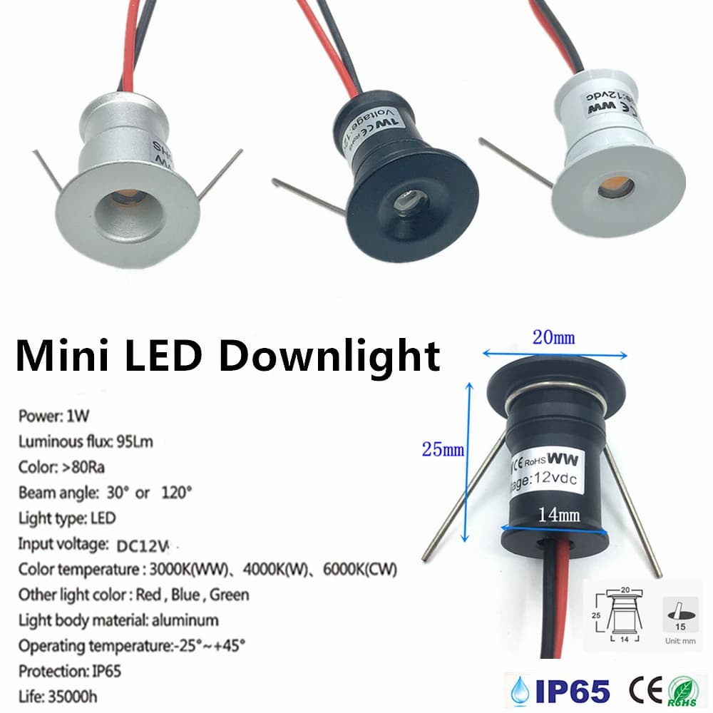 Mini Downlight LED 12V 15mm encastré petit Spot plafonnier cuisine escalier extérieur IP65 1W projec