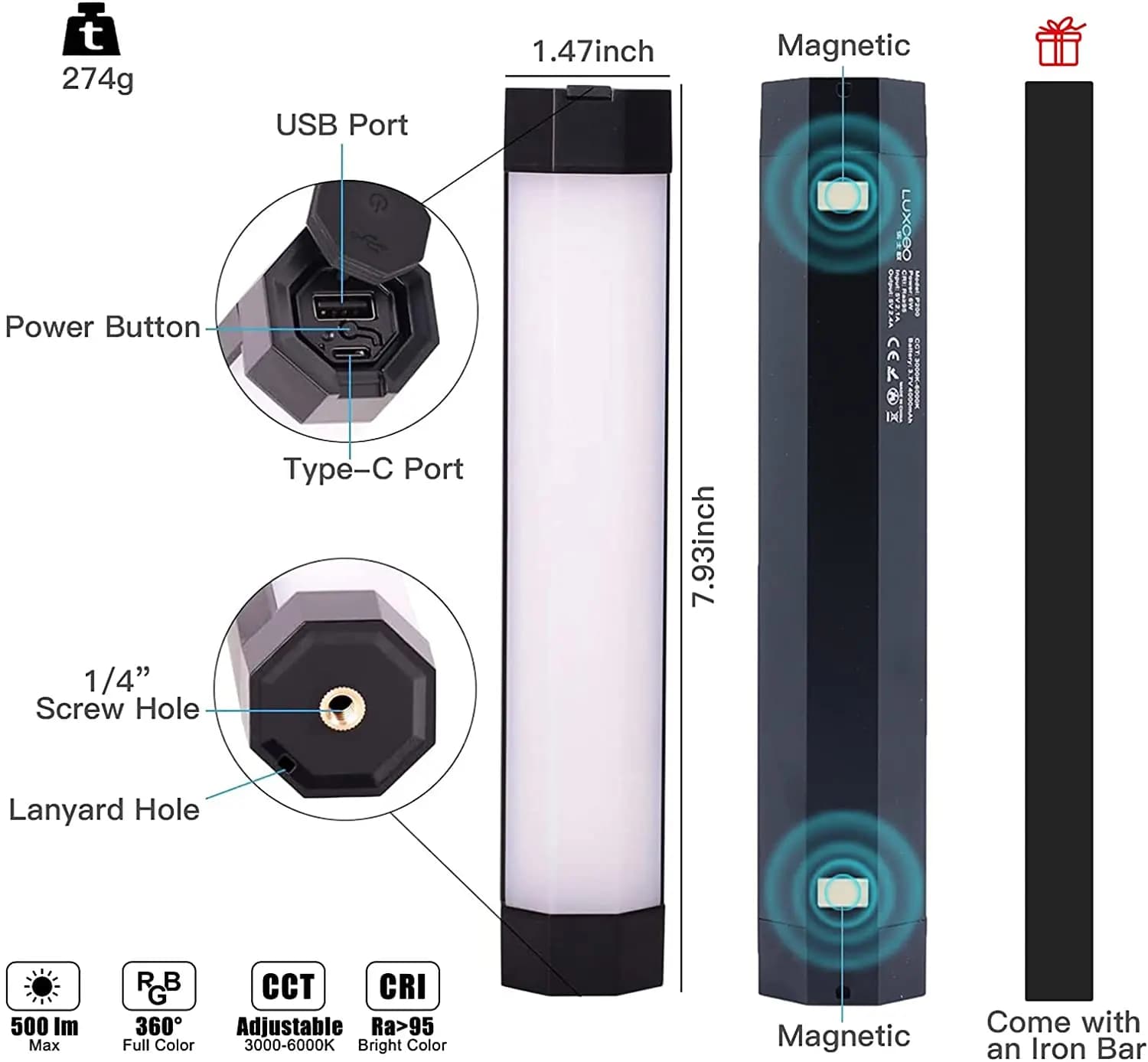 LUXCEO P200 IP67 Tube rvb étanche à la pluie batterie intégrée et aimant avec contrôle par applicati