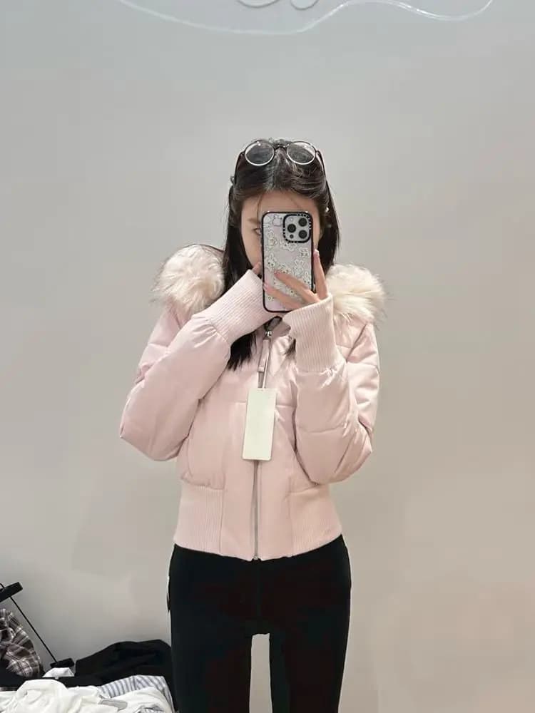 Manteau en coton à capuche avec col en fourrure rose pour femme, vent doux, nouveau style coréen, ép