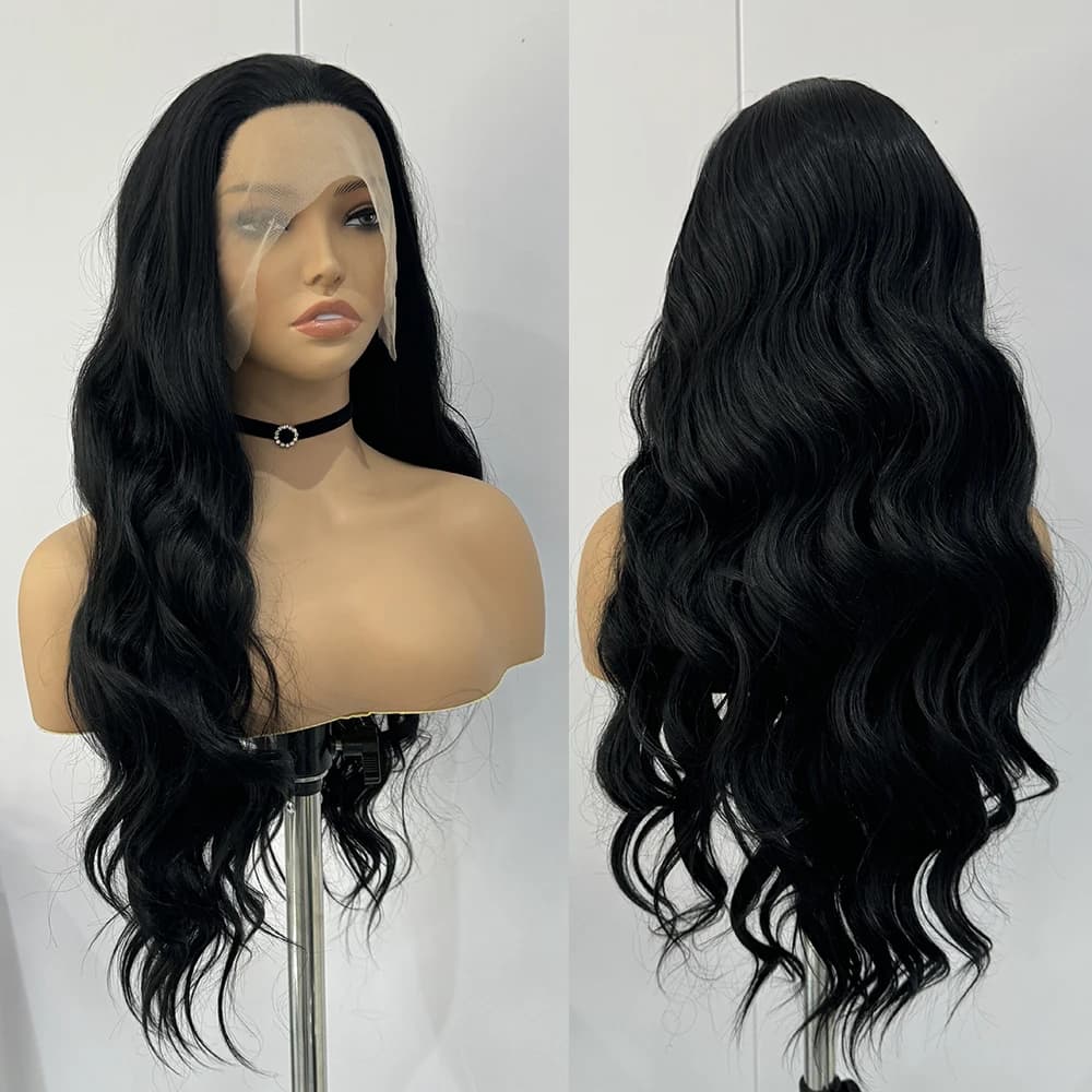Perruques Lace Front synthétiques noires pour femmes, cheveux longs, corps ondulé, fibre de degré de
