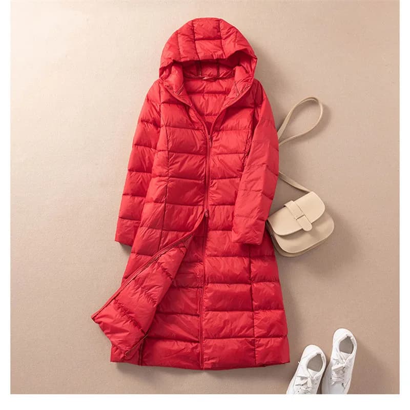 Parka longue à capuche en duvet de canard blanc pour femme, manteau chaud et léger, veste coupe-vent