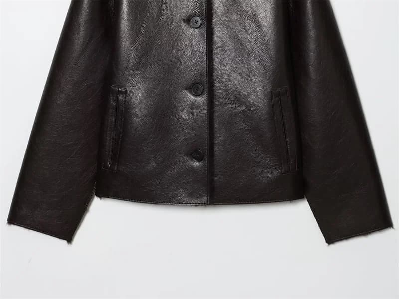 Veste femme 2025 automne/hiver nouveautés marron foncé à manches longues en simili cuir veste révers