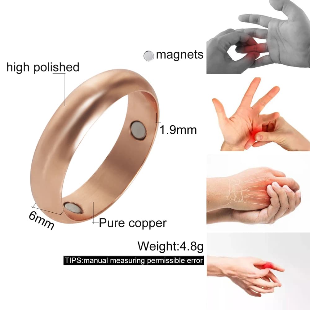 Anneaux magnétiques en cuivre pur Vinterly pour femmes et hommes, 6mm, énergie de santé, manchette o