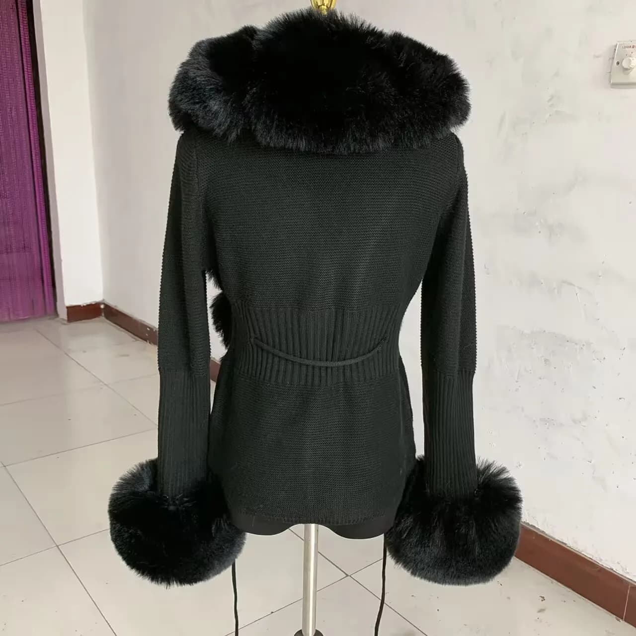 Cardigan court en tricot pour femme, collection printemps-automne, en fausse fourrure, avec col en f