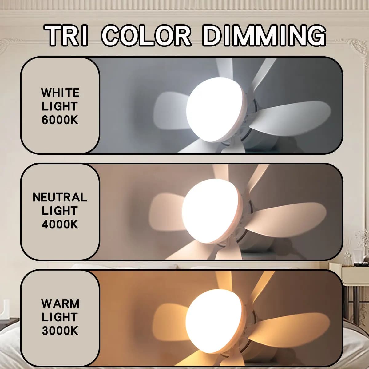 Petit ventilateur de plafond de 16,53 pouces avec lumière LED 30W, base E27, télécommande, 3 vitesse