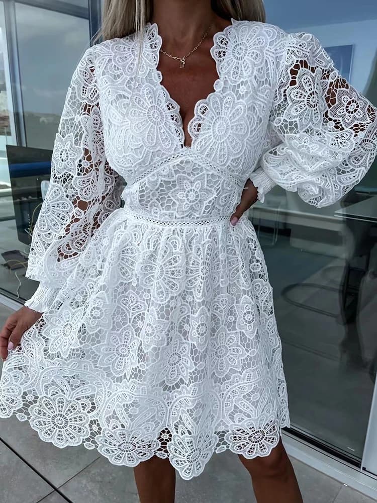 Robe en dentelle patchwork chic pour femmes, mini robe évidée, col en V, manches longues, coupe couv