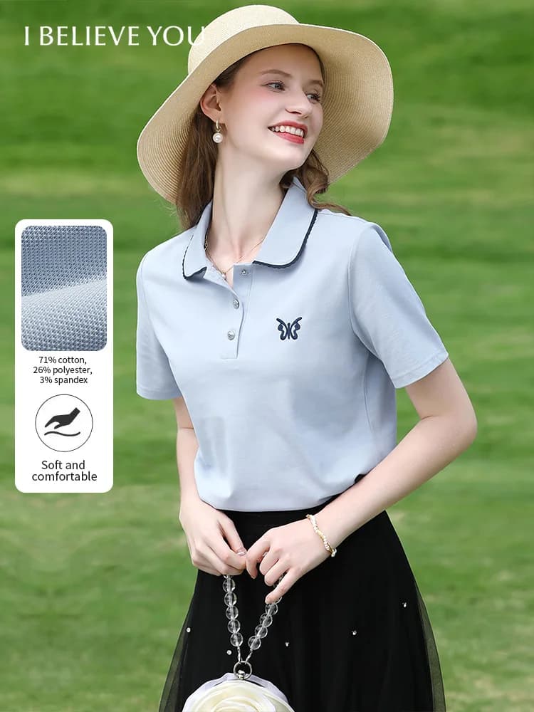 Je crois que vous T-shirt col polo bleu pour femmes été 2025 papillon brodé respirant manches courte