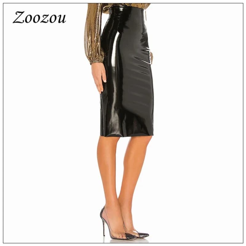 Jupe Midi en Latex et cuir verni PVC pour femmes, taille haute, crayon, élégante, fendue, longueur a