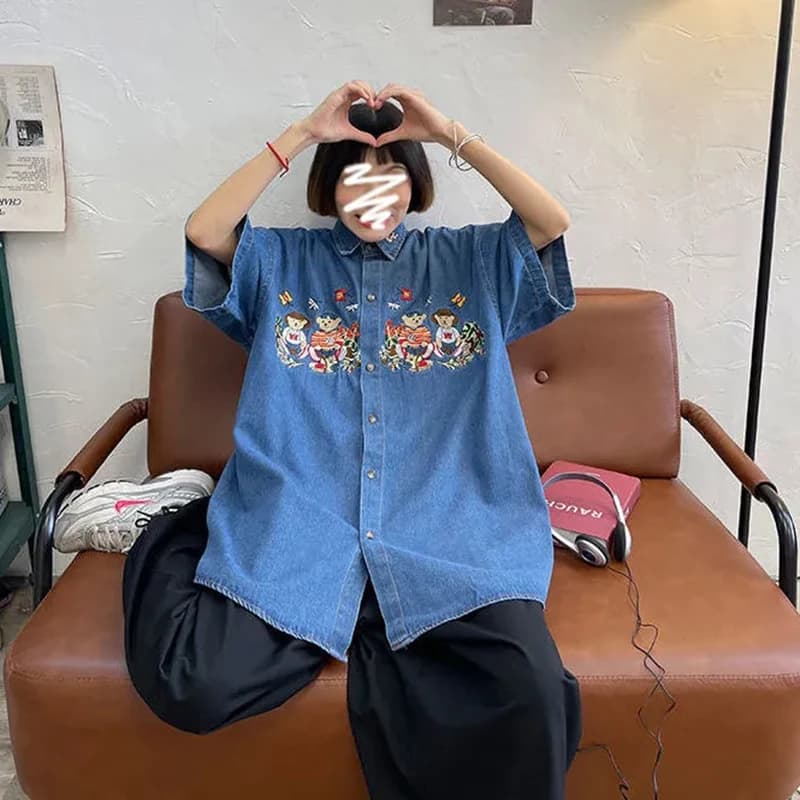 Chemise en denim bleu pour femme, broderie d'été, ours en peluche, fleurs, manches courtes, Harajuku
