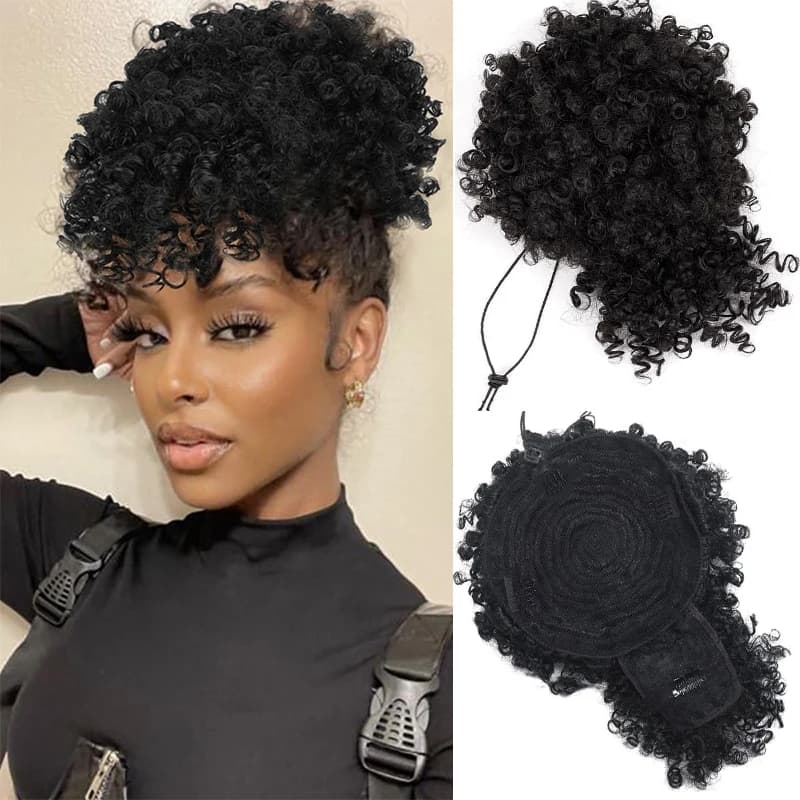 Afro Puff Kinky Curly Hair, Updo Ponytail Extension with Bangs Proximity Wstring Ponytail for Women,
