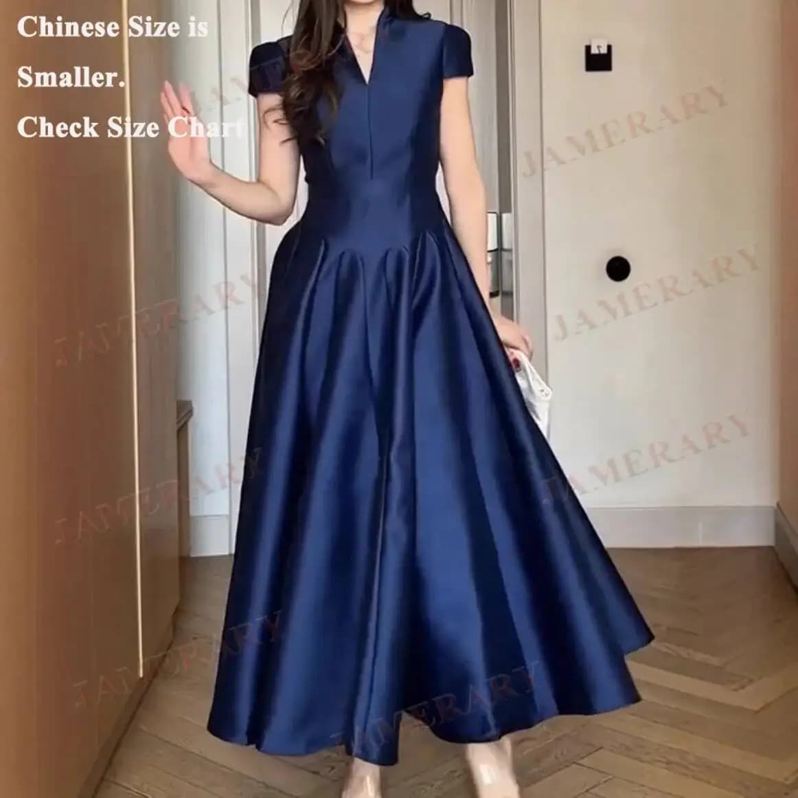 Hepburn Style élégant automne longue robe femmes col en v solide à manches courtes été Midi robes fo