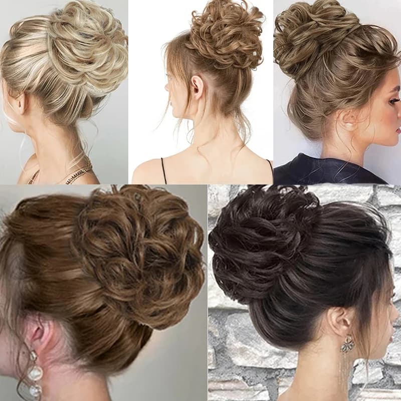 Chignon synthétique en désordre, Extension capillaire courte bouclée et moelleuse, bande élastique e