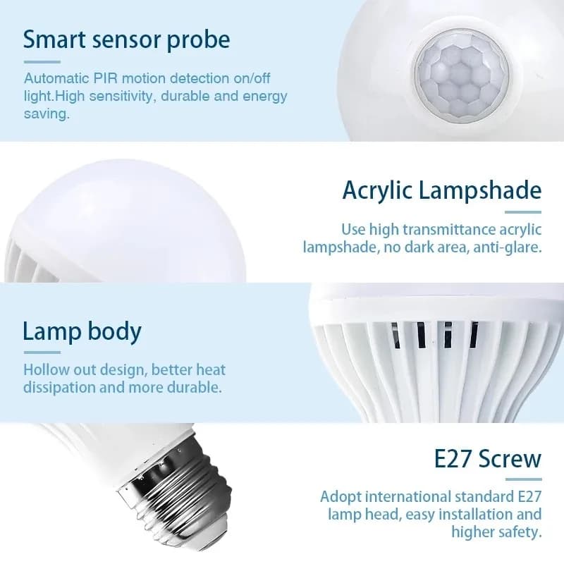 Ampoule LED avec détecteur de mouvement 220V, ampoule LED 3W 5W 7W 9W 12W E27, lampe LED intelligent