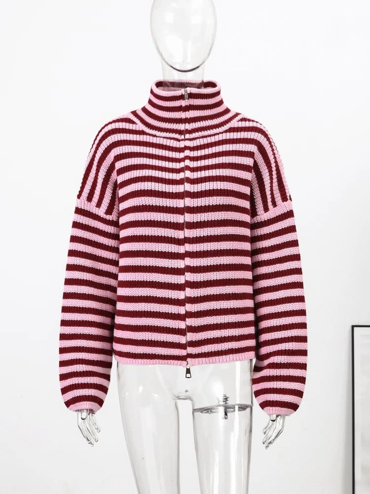 Cardigan décontracté en maille rayée pour femme, avec double fermeture éclair, manches longues, col 