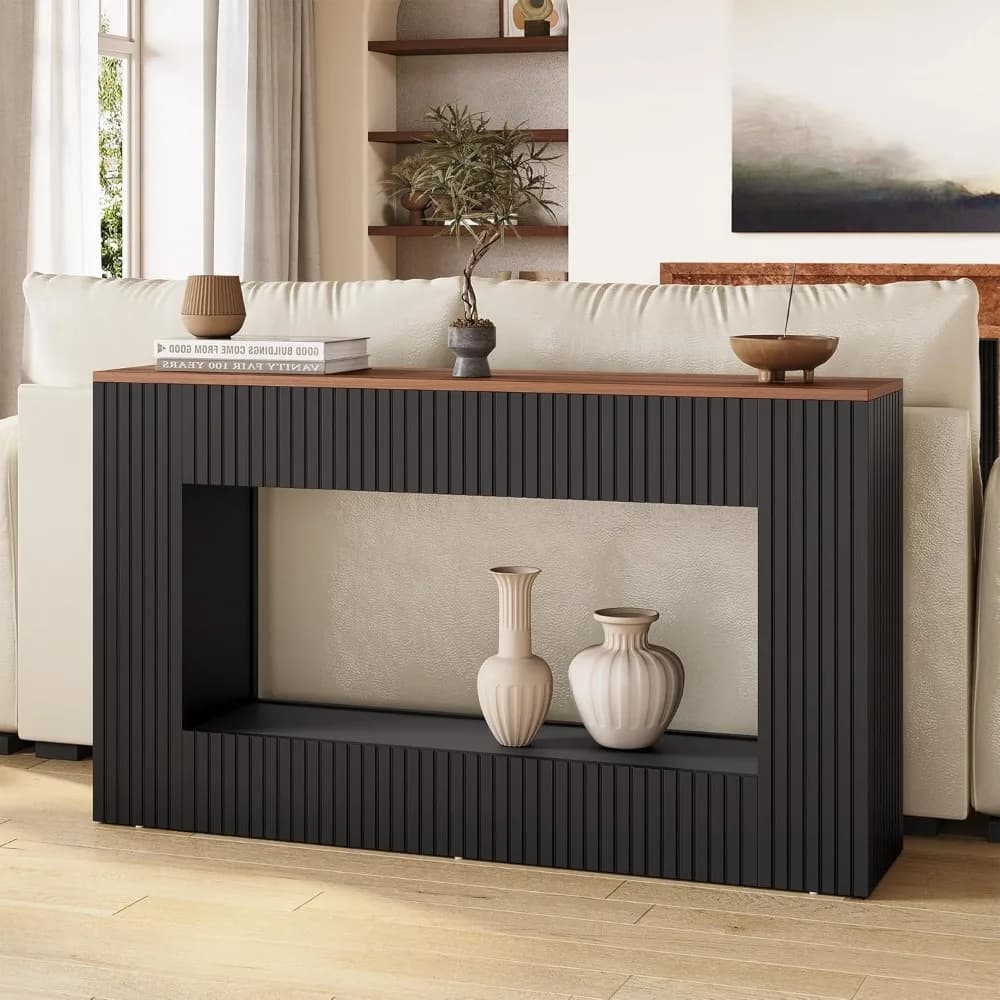 Table console noire pour entrée, table de canapé de ferme longue et étroite de 55 pouces avec rangem
