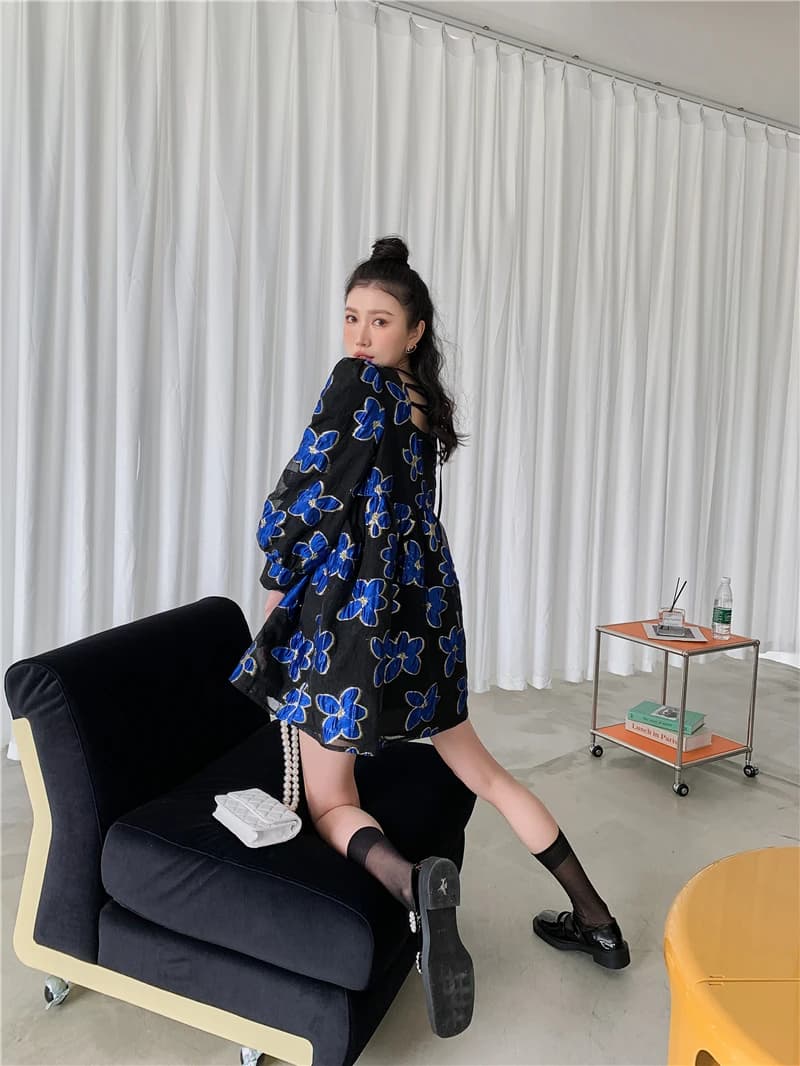 CHEERART – robe de fée en Organza bleu Royal, Jacquard, manches bouffantes, motif Floral, manches lo