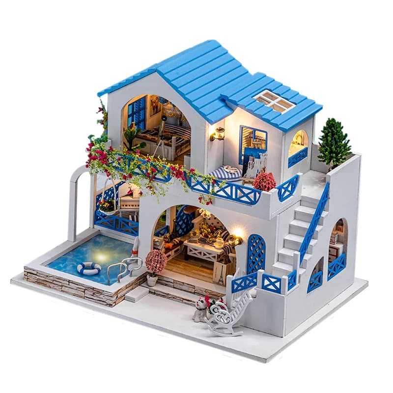 OUZEY Kits de construction miniatures de maison de poupée en bois bleu et blanc avec meubles et LED 