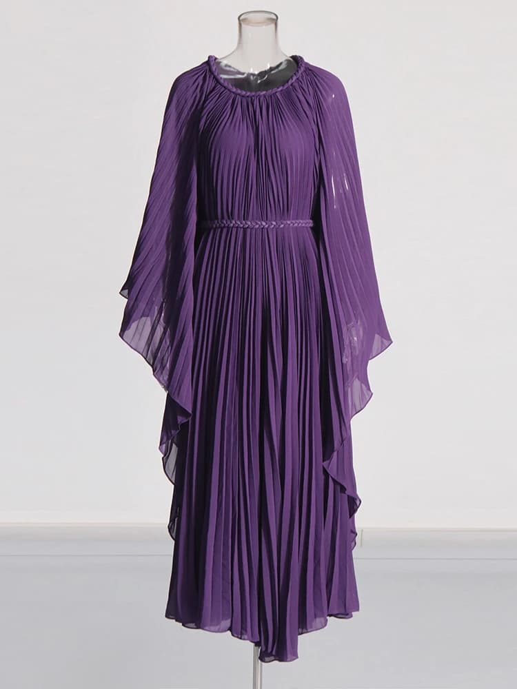 TWOTWurea YLE-Robes plissées solides pour femmes, col rond, manches chauve-souris, taille haute, min