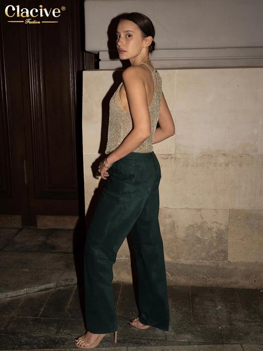 Clacive – débardeur Slim doré pour femmes, élégant, col rond, sans manches, Sexy, classique, vêtemen