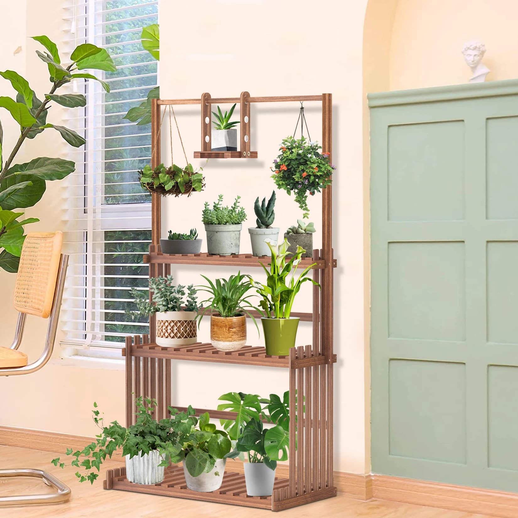 Support de plantes suspendu en bois à 3 niveaux, robuste, pour jardin, support de présentation de fl