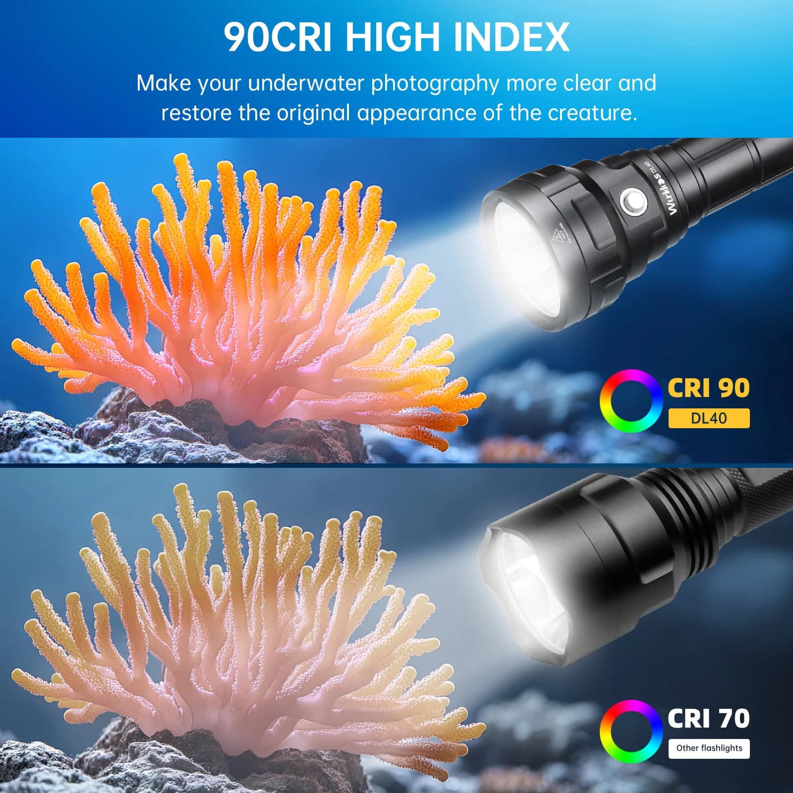 Lampe de plongée Wurkkos DL40, 5000lm, avec 4*TN-3535, 90CRI, 26650, torche sous-marine étanche IPX-