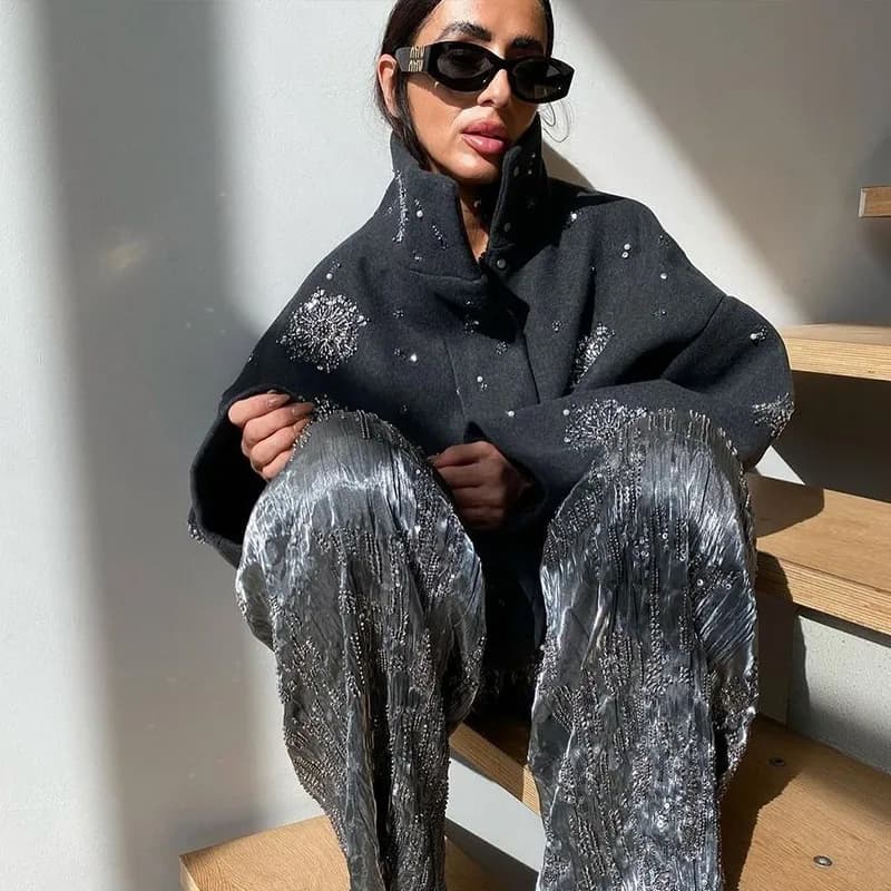 Manteau chic luxueux à perles pour femmes, vêtements d'extérieur en laine, vestes à manches longues,