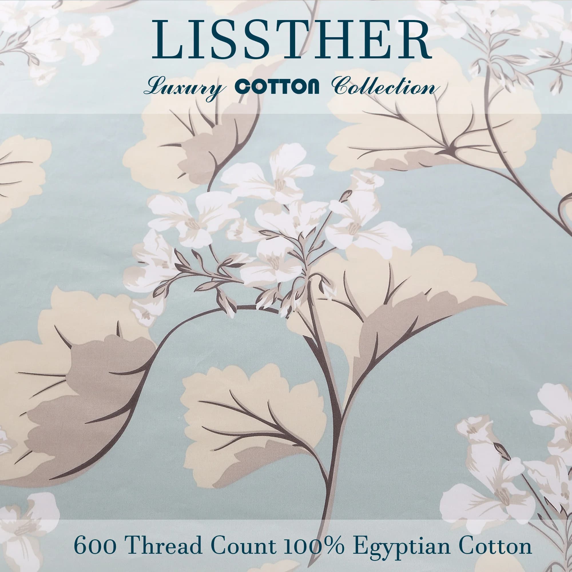 Ensemble de housse de couette 3 pièces 600TC 100% coton égyptien, feuilles de luxe bleues florales, 