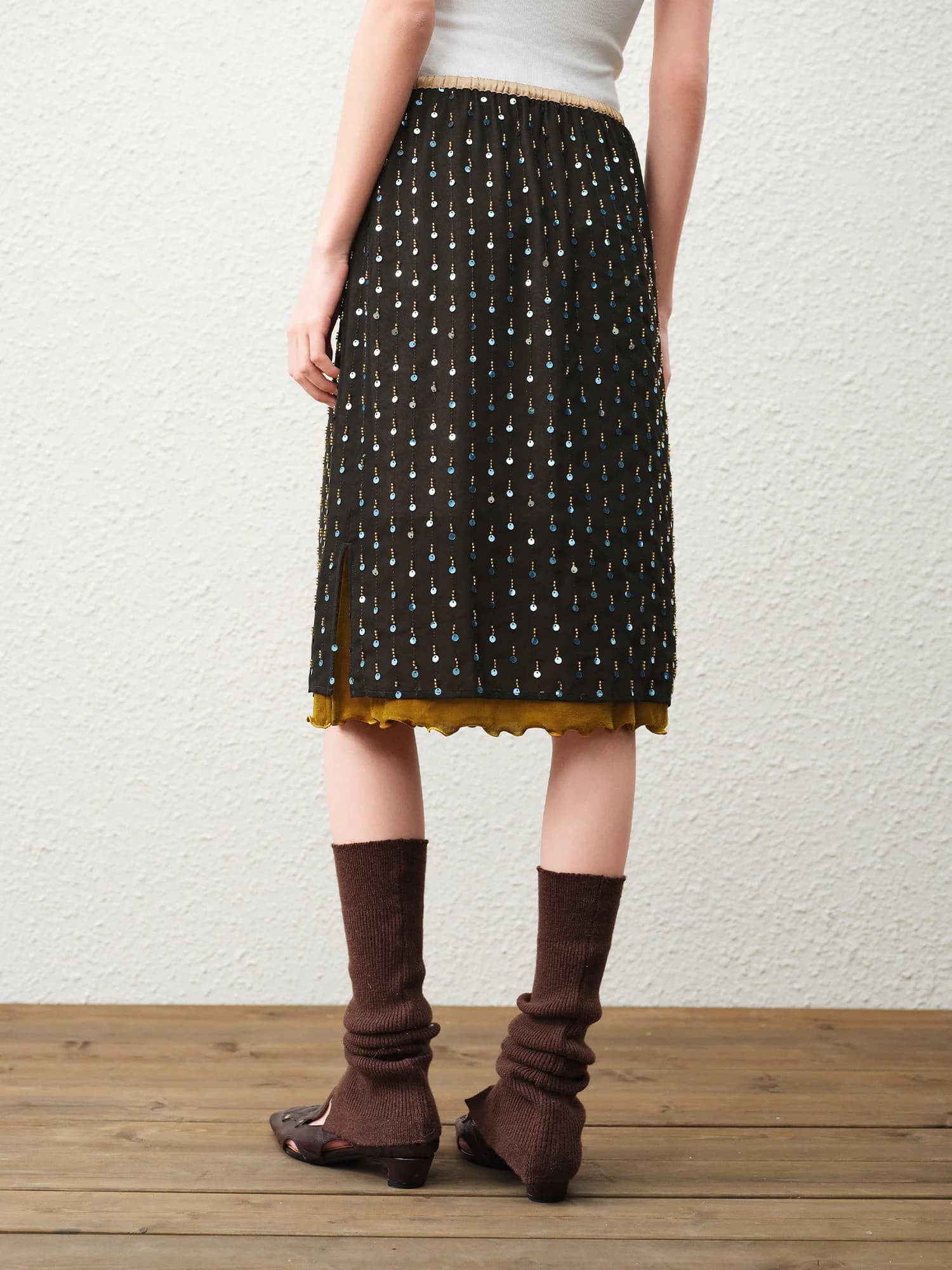 FSLE【Série Premium】Jupe Courte Femme Printemps 2026 en Velours à Paillettes et Perles, Style Rétro, 