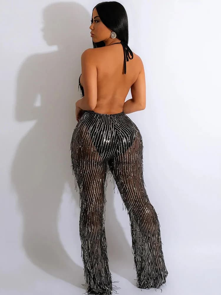 Barboteuse à paillettes pour femmes, combinaison Sexy à paillettes, dos nu, salopette en maille tran