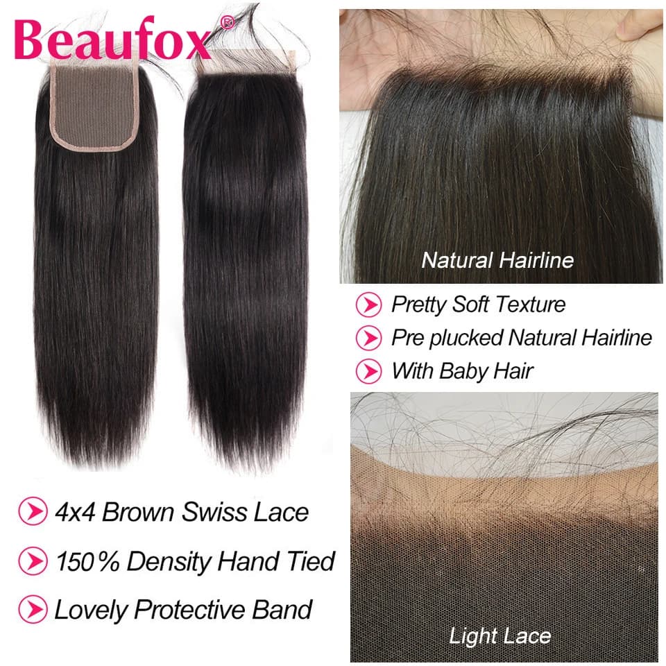 Beautorch-Mèches Péruviennes Naturelles avec Closure, Cheveux Vierges Lisses, Extensions de Cheveux 