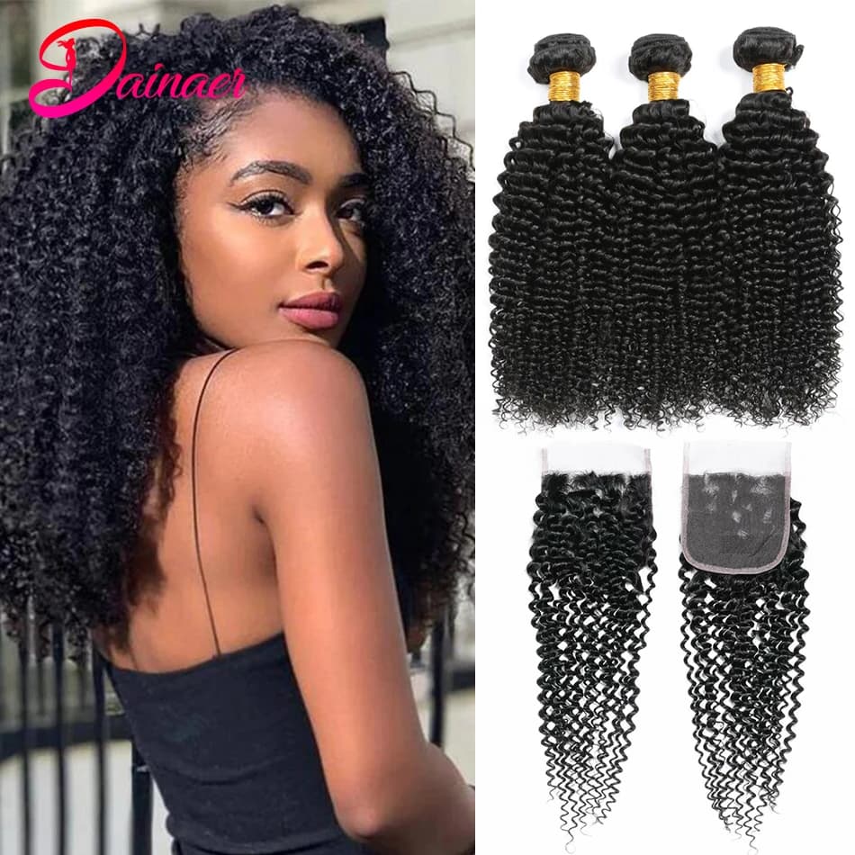 Mèches Mongoles Naturelles Remy Crépues et Bouclées, Extension de Cheveux Humains Afro avec Fermetur