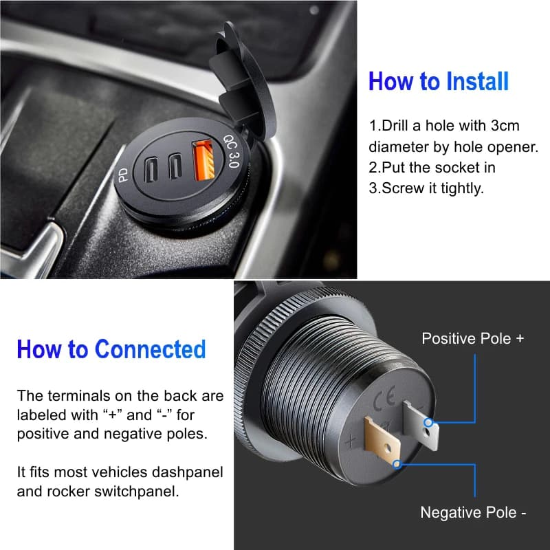 Prise USB pour voiture, charge rapide PD 3.0, chargeur de voiture 60W, prise de courant pour moto, b