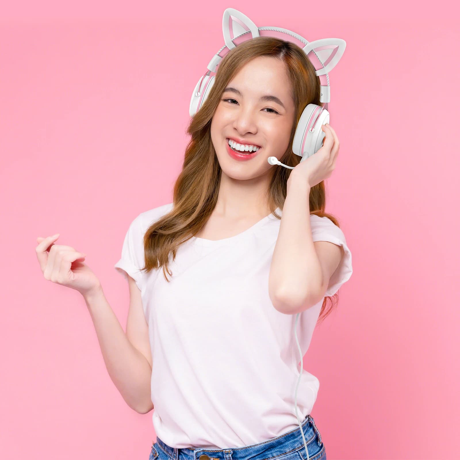 Onikuma casque de jeu professionnel avec lumière RGB casque oreilles de chat rose écouteurs portable