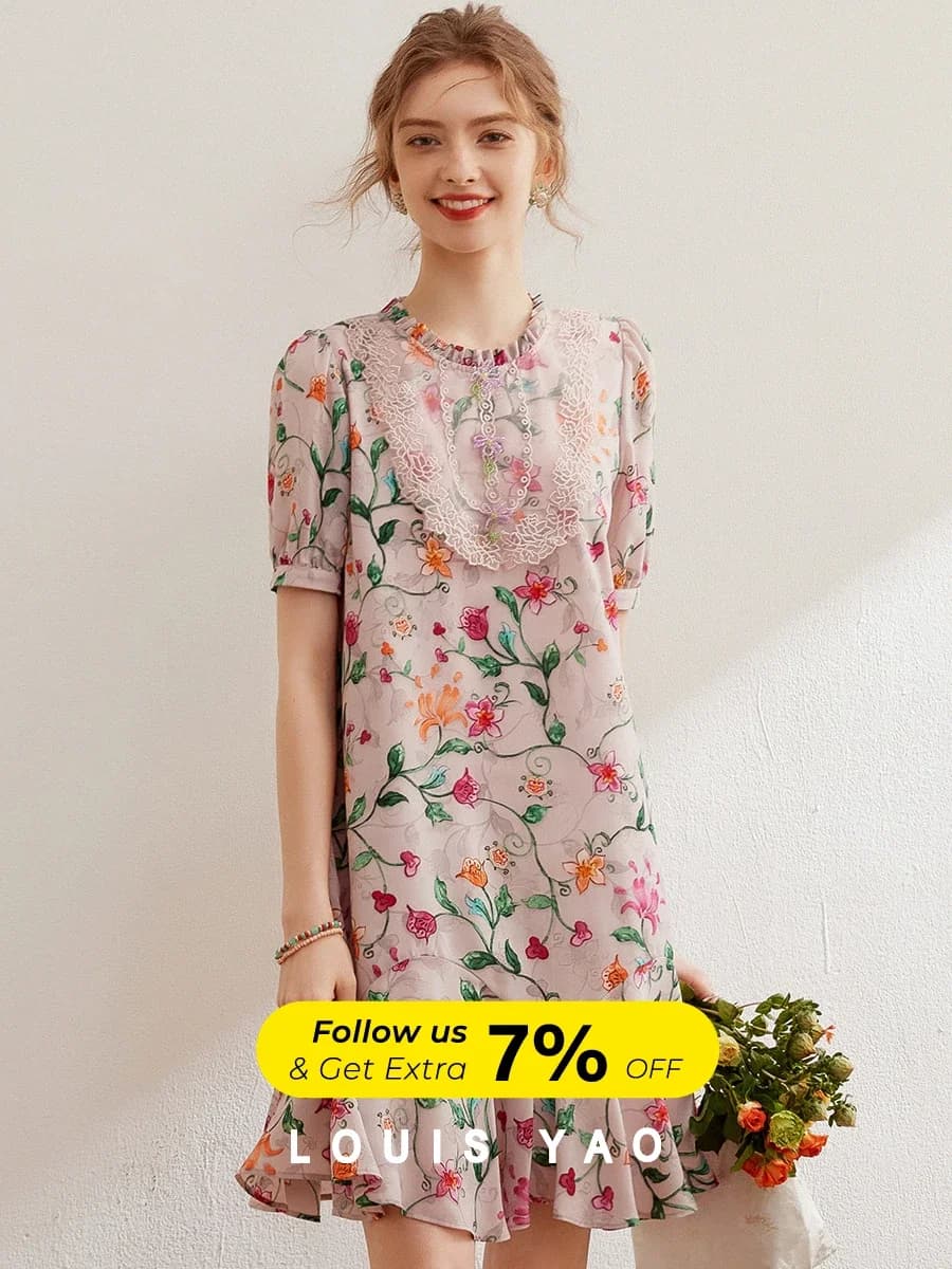 Modiis Yao-Robe florale brodée élégante, dentelle perlée, col rond, manches courtes, robe courte A-L