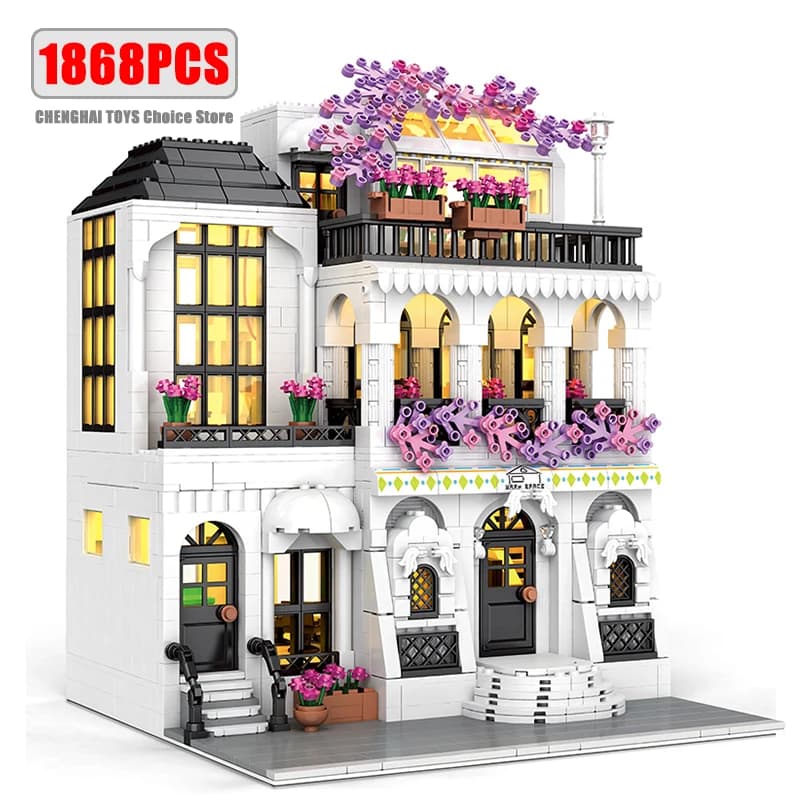 MOC – blocs de construction d'architecture européenne créative, jardin, hôtel, fleur, rue, Villa, vu