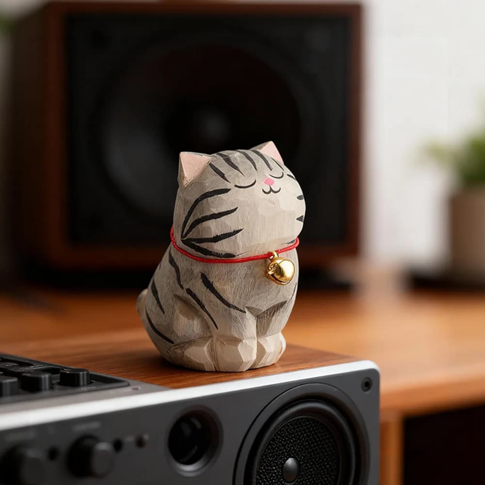 Figurine décorative en bois de chat mignon, statue de chaton, chat calico à dégradé doré, décoration