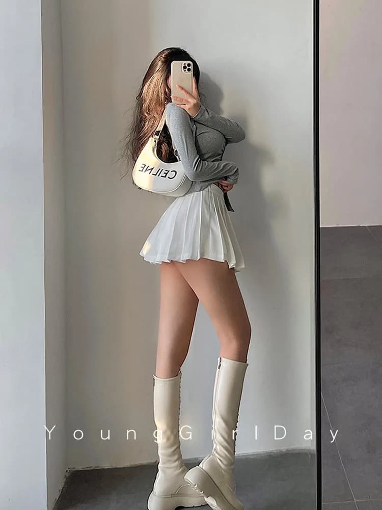 Jupe plissée avec short pour femme, taille haute, sexy, blanc, noir, ligne A, pouvez-vous aru coréen