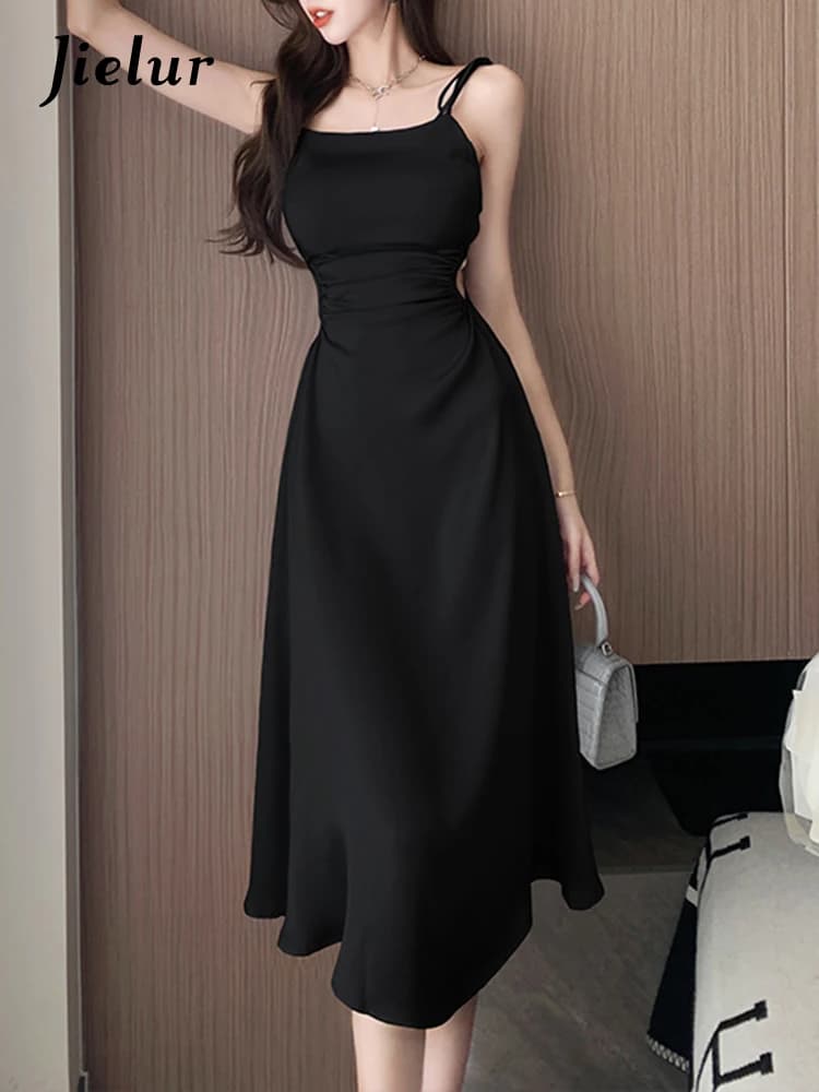 Jielur-Robe plissée à bretelles pour femmes, tenue élégante coréenne, sexy, dos nu, ligne A, nouvell