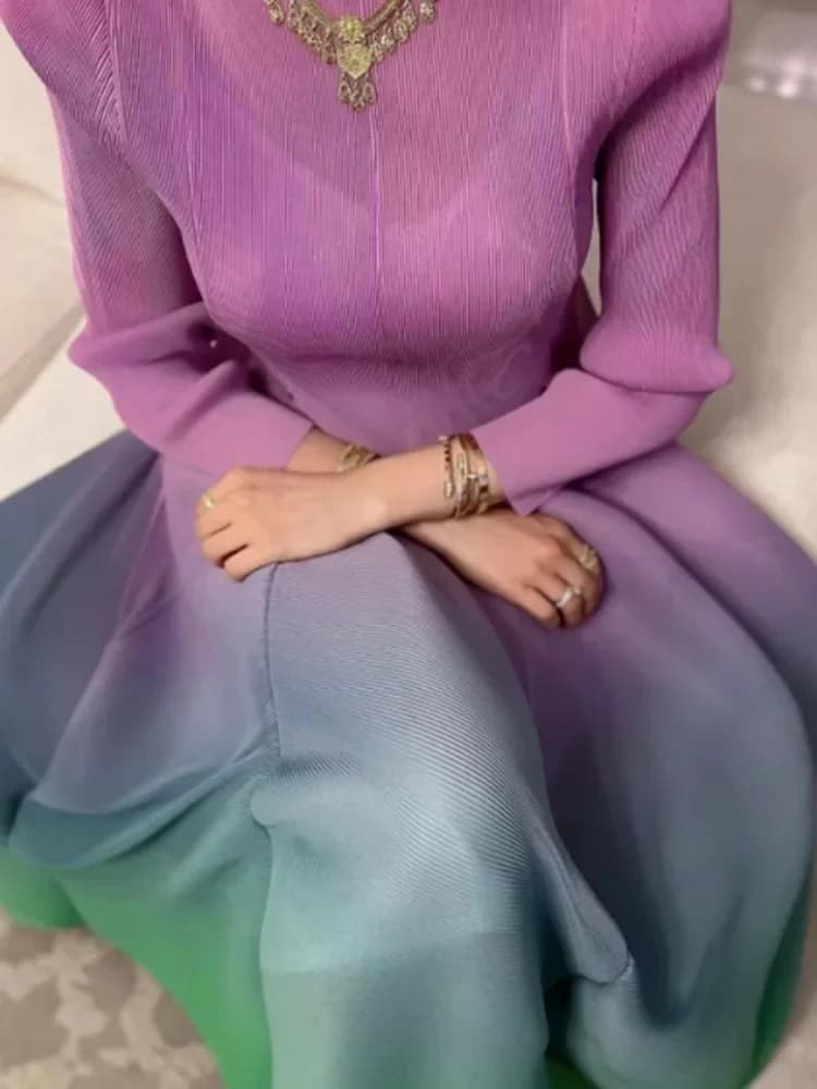 Robe Plissée à Manches sulfpour Femme, Vêtement de Soirée, Dégradé, à Col Ras du Cou, à la Mode, Nou