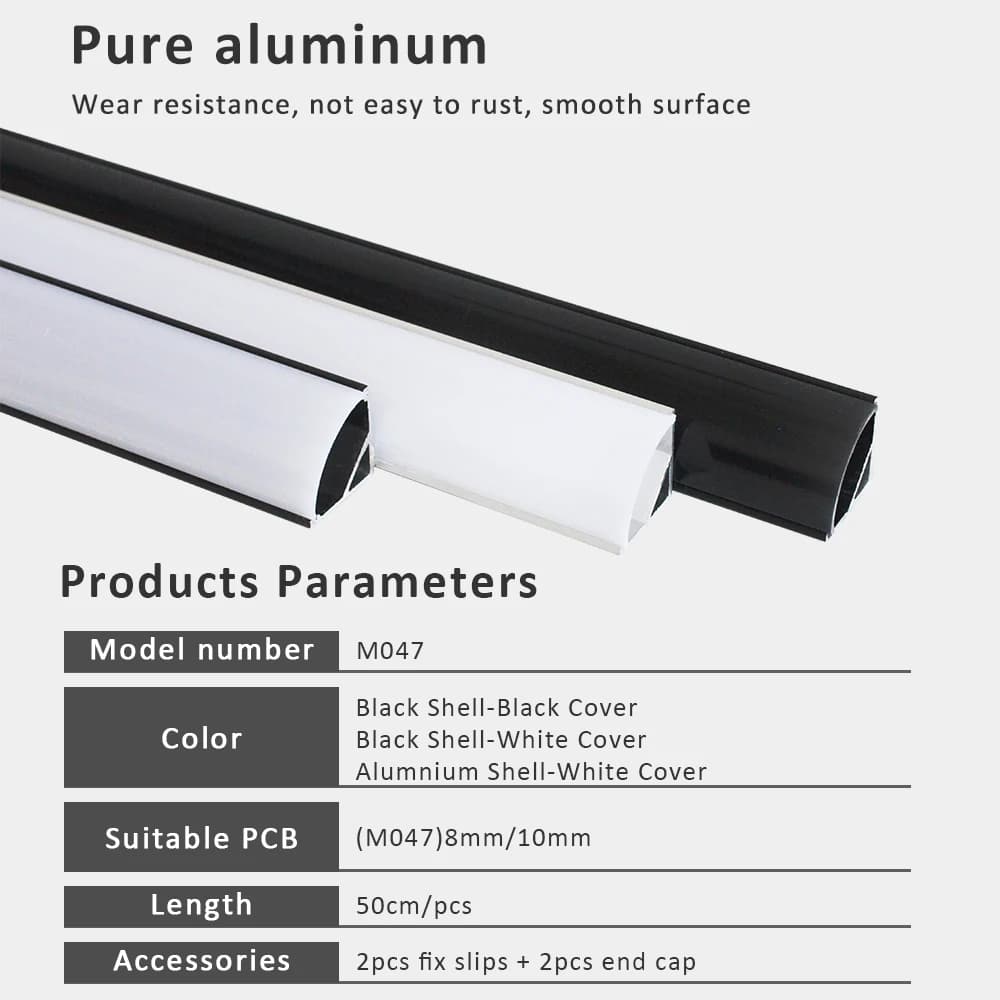 Profilé aluminium pour éclairage LED, 50CM, 8mm, 10mm, forme en V, boîtier noir et argent, décor de 