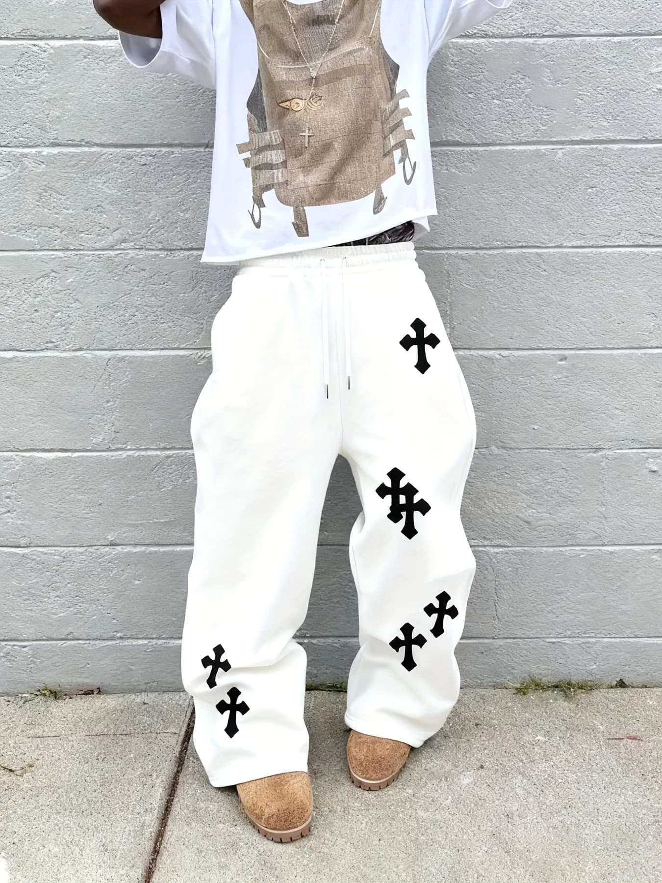 2025 Pantalon à jambes larges noir pour hommes à la mode Grande croix blanche imprimée Pantalon hip-