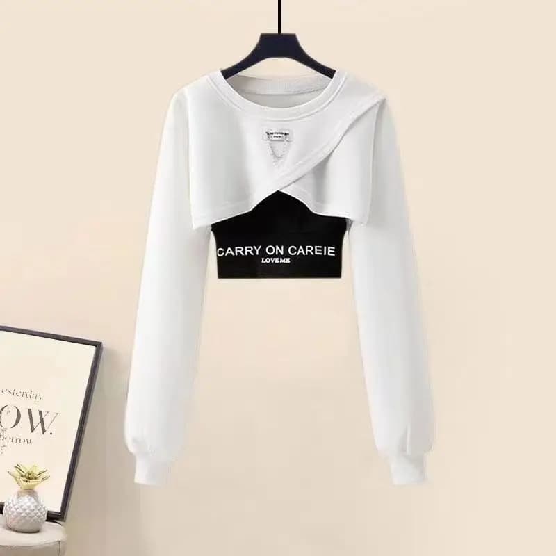 Style coréen Patchwork T-shirt à manches longues pantalon de travail pantalon à jambes larges deux p